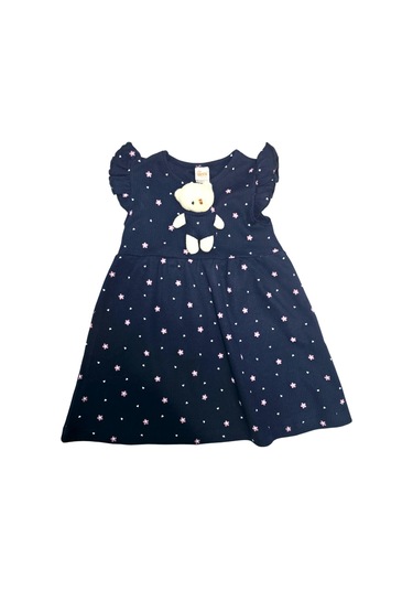 Ayıcık Aksesuarlı Çiçekli Kız Çocuk Yazlık Elbise Lacivert