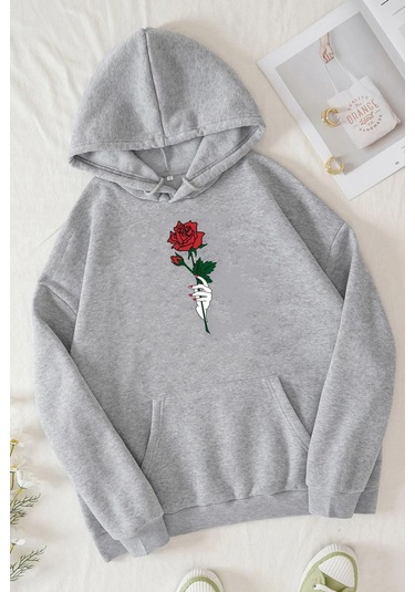 Rose Baskılı Sweatshirt Gri