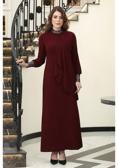 Sim Detaylı Efsane Tesettür Abiye Elbise Bordo