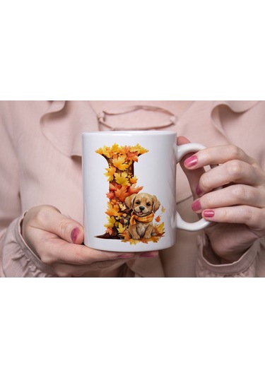 I Harf Sonbahar Yaprak Temalı Kupa Bardak - Sevimli Figürler İle Alfabe Harfli Bardak - Kişiye Özel Beyaz