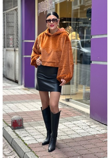 Kadın Crop Boy Yumuşacık Balon Uzun Kol Kapüşonlu Şık Kısa Sweatshirt Turuncu