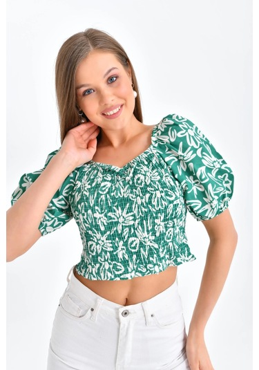 Kadın Çiçek Desenli Gipe Detay Balon Kol Crop Bluz Yeşil
