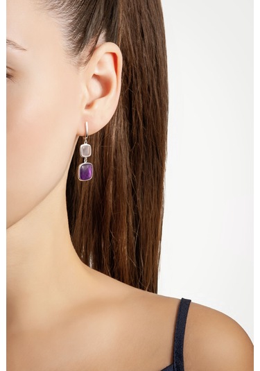 Zarif Uyum 18 Ayar Beyaz Altın Kaplama Gümüş Ametist Küpe Beyaz