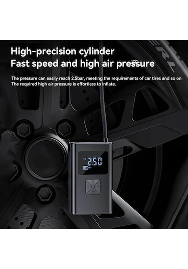 Primepickings Black Taşınabilir Şişirme Cihazı Led Işıklı Dijital Lastik Şişirme Kablosuz Şarjlı Ve Fişli Araç Motosiklet Bisiklet Balonlar İçin