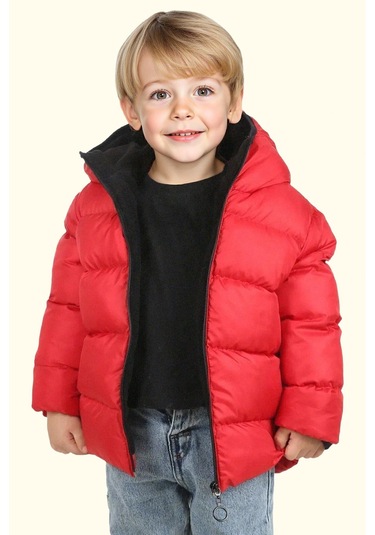 Erkek Çocuk Polarlı Kürklü Kapüşonlu Su Geçirmez Rüzgara Dayanıklı Şişme Kışlık Mont Kaban Kırmızı