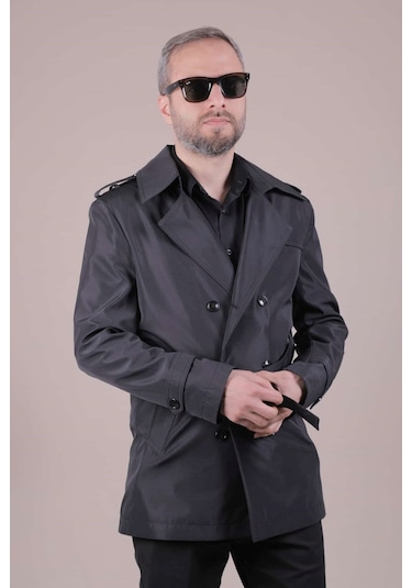 Ohepmoda Slim Fit Kemerli Erkek Trençkot Siyah