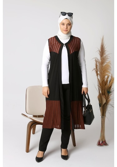 Kadin Buyuk Beden Transparan Taşlı Uzun Yelek 001