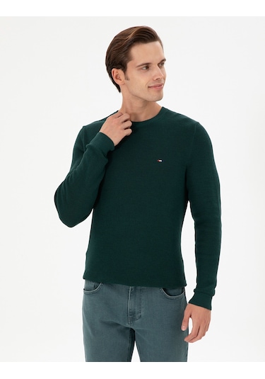 U.S. Polo Assn. Erkek Slim Fit Bisiklet Yaka Koyu Yeşil Basic Kazak 50298282-VR079