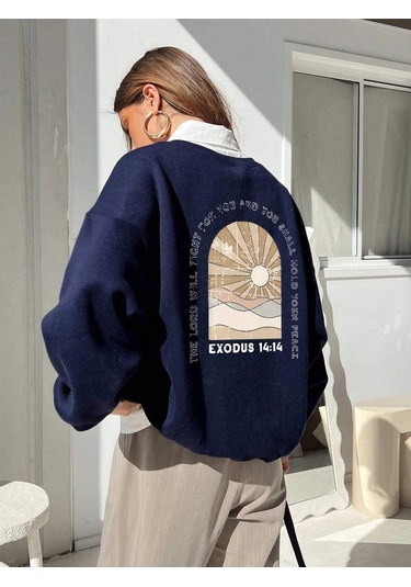 Exodus 14:14 Kışlık Kalın Sweatshirt - Lacivert Baskılı Oversize Kalın Kışlık Bisiklet Yaka Lacivert