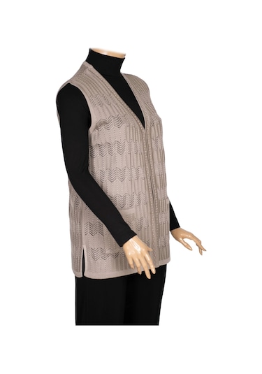 Hesna Kadın Gökçe Triko Ajurlu Boncuklu Cepli Taş Beji Yelek Bej