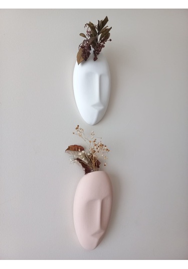 Dekoratif 2'li Yüz Duvar Vazosu, Duvar Süsü ,heykel Aksesuar Beyaz Bej