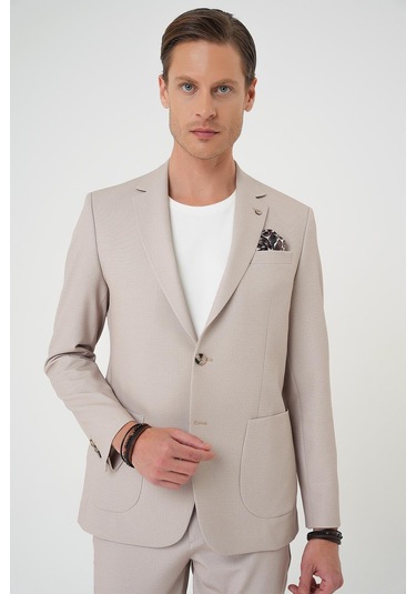 Comfort Fit Mono Yaka Çift Yırtmaç Torba Cep Kendinden Desenli Casual Bej Ceket C 705 Bej