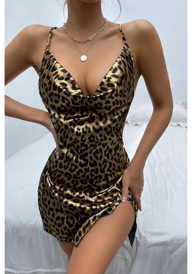 Merry See Yırtmaçlı Saten Leopar Gecelik Elbise Çok Renkli