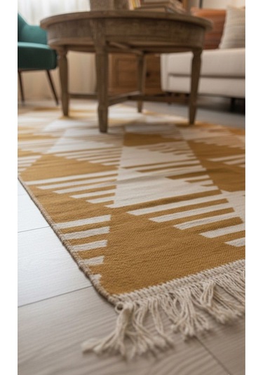 Hardal Geometrik Desenli Modern Kilim - Makinada Yıkanabilir Renkli