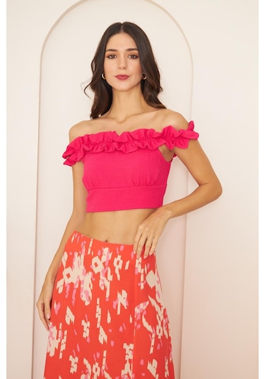 Darlin Moda Pembe Fırfırlı Crop Bluz Dm7002