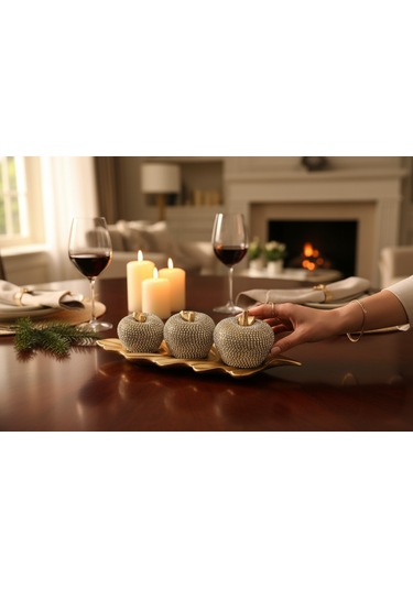 Frefly Store 3'lü Altın Taşlı Elma Dekor Seti Altın Yaprak Tabanlı