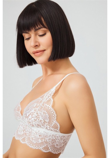 Krem Dantelli Transparan Balensiz Kadın Sütyen Takımı Krem