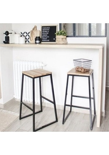 Pal Metal Piramit Metal Ayaklı Doğal Ahşap Bar Taburesi Siyah