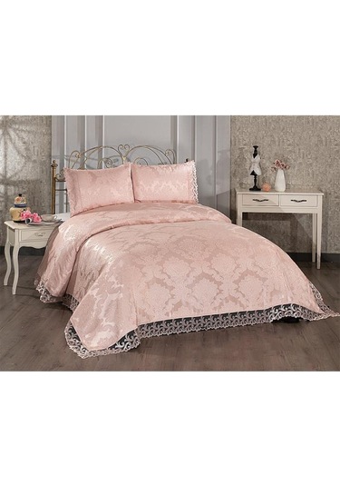 Fransız Dantelli Belinda Yatak Örtüsü Pudra Pudra