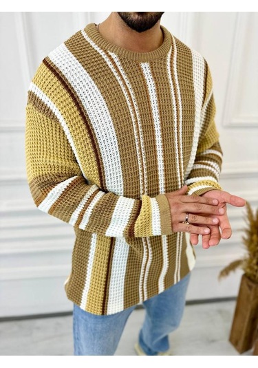 Kazak Oversize Renkli Örgü Desenli Naturel Pamuk Bol Kesim Salaş Triko Kazak Hardal