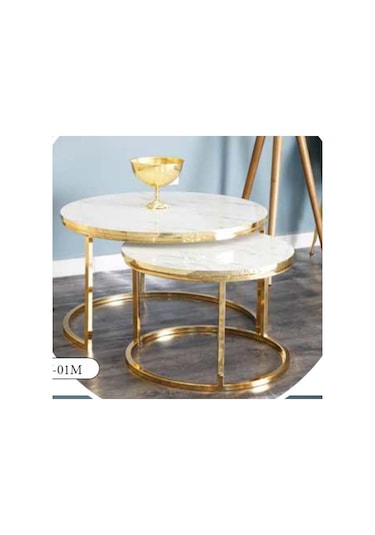 Mim Beyaz Desenli - Gold Dünya İkili Orta Sehpa Beyaz - Gold