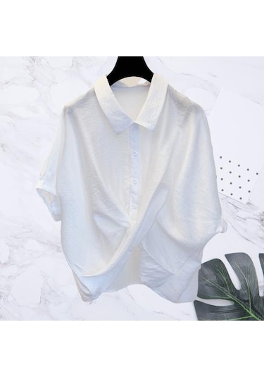 Beyaz Kadın Yaz Yaka Gömlek Tops Batwing Kısa Kollu Çapraz Düzensiz Tasarım Tek Göğüslü Casual Tops Streetweed Beyaz