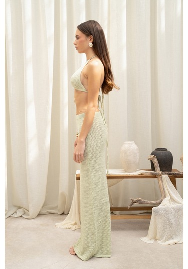 Mai Collection Pangestu Üçgen Yeşil Crop Etek Triko Takım