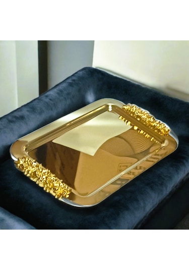 Diperla Kahve Çay Sunum Dikdörtgen Büyük Sunum Tepsisi Gold 30cm