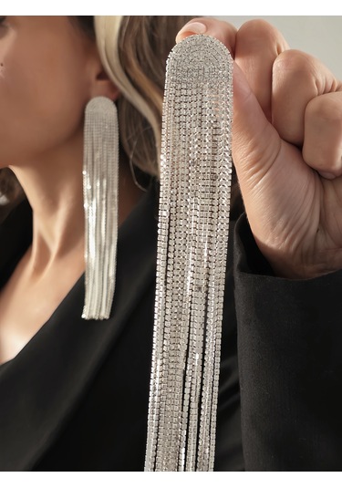 Uzun Sallantılı Tekli Beyoğlu Taşı Abiye Gold Renk Küpe Gümüş