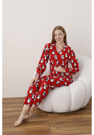Kadın Önden Düğmeli Gömlek Yaka Suet Kumaş Pijama Takımı Kırmızı