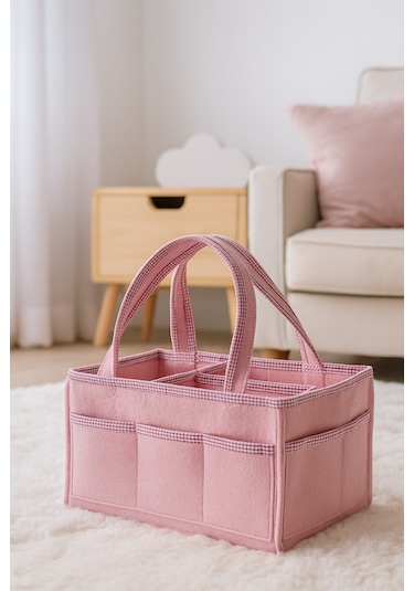 Anne Bebek Kalın Keçe Bakım Çantası Yenidoğan Için Organizer Düzenleyici Çok Amaçlı Pembe Pembe Overlok Detay