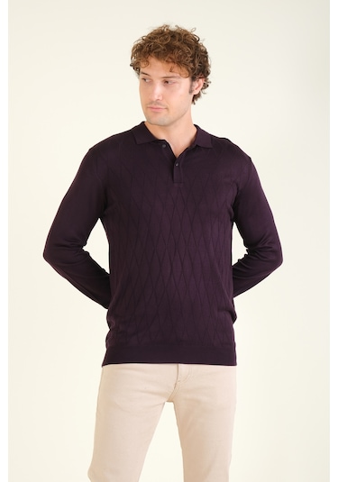 Giyim Dünyası Erkek Baklava Desenli Polo Yaka Merserize Kazak Mor 001