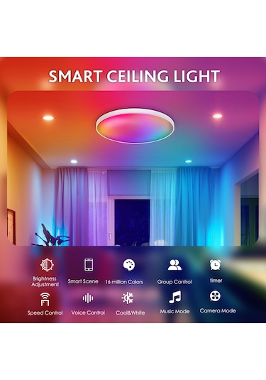 Akıllı Plafonyer Karartma Tavan Lambası 220 V Wi-fi+bt Kumanda Çok Renkli