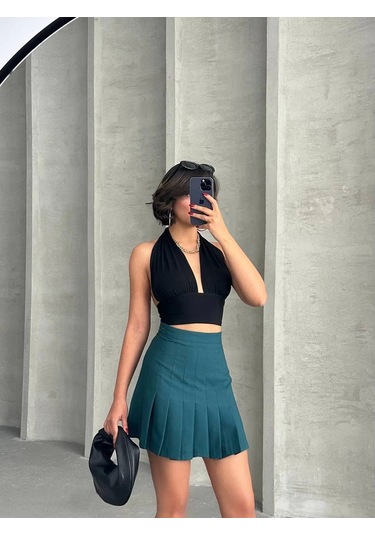 Pileli Düğmeli Etek Yeşil S24811 Yeşil