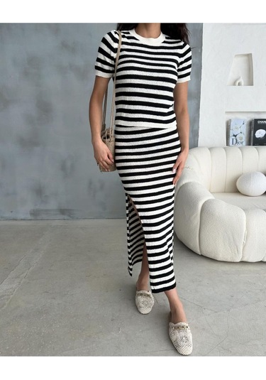 Feu Viskon-pamuk Bluz-yırtmaçlı Midi Etek Alt Üst Takım Siyah-beyaz Siyah - Beyaz