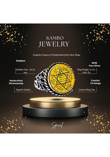 Erkekler İçin Sterlin Gümüş Yüzük - David Yıldızı Tılsımı İle Yazılı İslami Sözler Gümüş