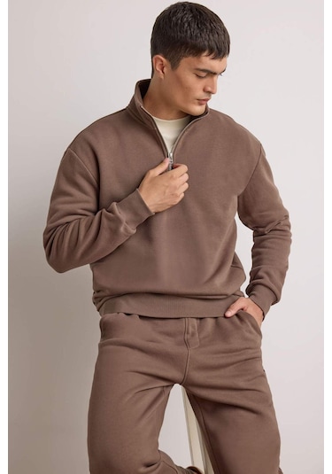 Defacto Regular Fit Dik Yaka Yarım Fermuarlı İçi Yumuşak Tüylü Basic Düz Sweatshirt X7405az25aukh154 Haki
