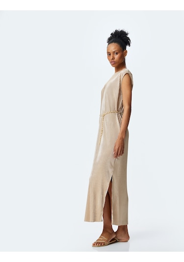 Koton Kemer Detaylı Yuvarlak Yaka Kolsuz Piliseli Uzun Elbise Altın 5sak80009uk Altın Rengi Altın