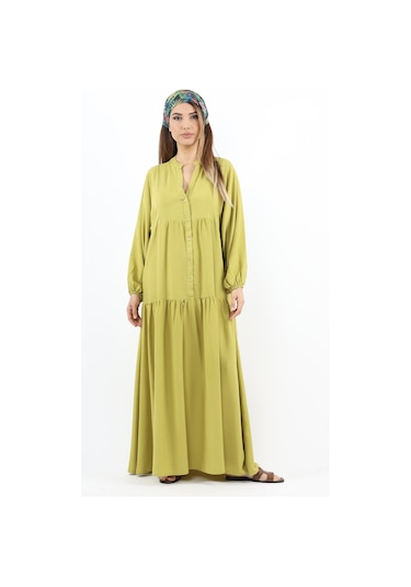 Prive Kadın Base %100 Viskon Yağ Yeşili Maksi Boy Yazlık Elbise Yağ Yeşili