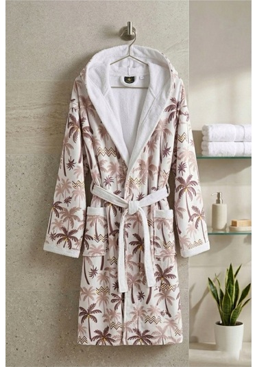 Tropical Breeze Pamuklu Desenli Kapüşonlu Bornoz Kahverengi Palmiye