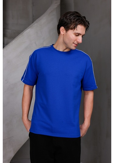 Erkek Şeritli Oversize Bisiklet Yaka 2 İki İplik Kompakt T-shirt Saks