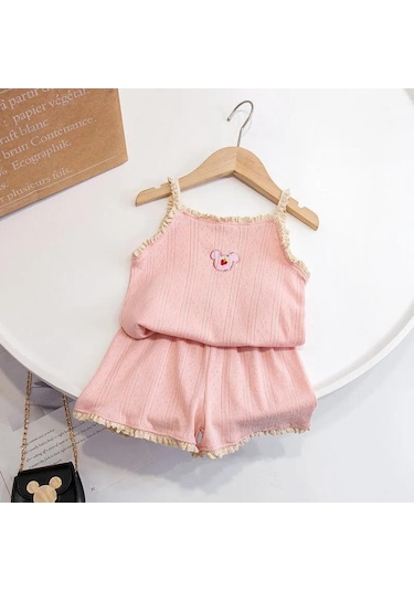 Pembe Kızların Ev Giyim Seti Çocuk Yaz Jartiyer Pijama Ince Kesit Bebek Yelek Klima Giyim Takım Elbise Ayı Nakış Pembe