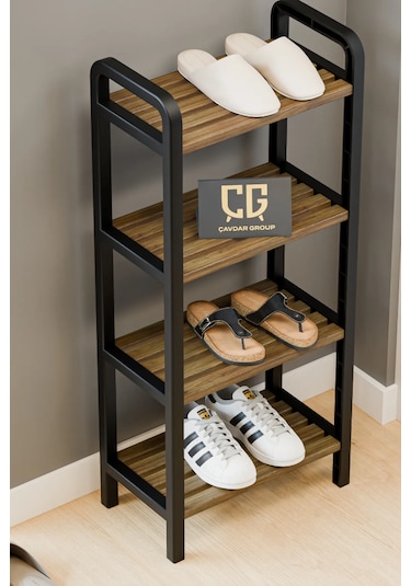 4 Katlı Ahşap Çubuklu Ayakkabılık, 40cm Düzenleyici Raf Ceviz