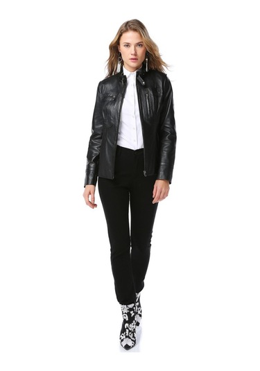 Dericlub Yb2043 Gerçek Deri Kadın Mont Siyah Siyah