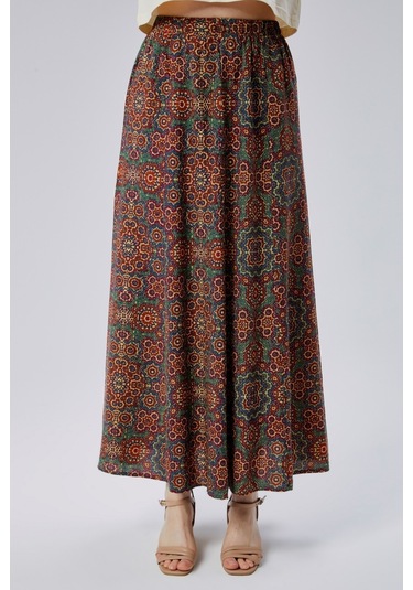 Bw Best Woman Viskon Kumaş 8 Parça Uzun Kadın Etek- Turuncu Desenli Çok Renkli