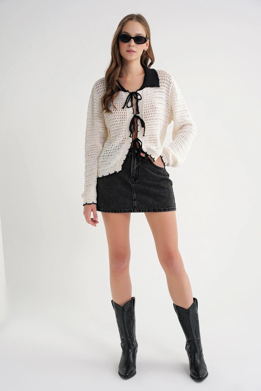 6945 Kadın Ajurlu Bağlamalı Triko Hırka Naturel Naturel