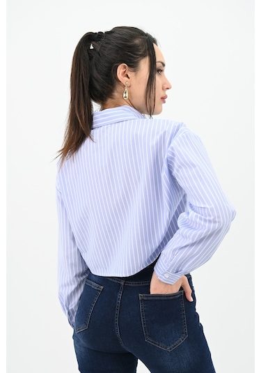 Koza Butik Kadın Çizgili Mavi Crop Gömlek 1738-24 001