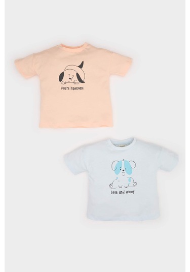 DeFacto Erkek Bebek Yenidoğan Bisiklet Yaka Baskılı Penye 2'li Kısa Kollu Tişört E8232A525SMBE362