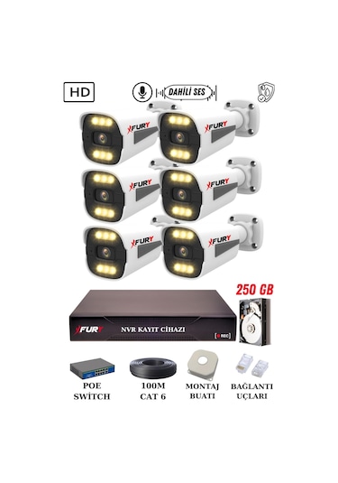 Fury 6 Kameralı Ip Güvenlik Kamerası Seti Sesli 4mp Gece Renkli Su Geçirmez 1506s 250gb