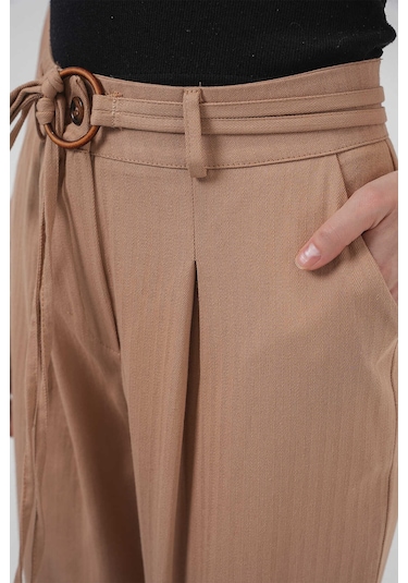 Gabria Kemerli Duble Paça Keten Pantolon Camel